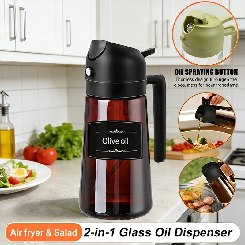 Leakproof 16oz 470ml 2-in-1 Brown Glass Olive Oil Dispenser Sprayer Eco-Friendly Oil Spray Bottle for Cooking Baking BBQ Grill