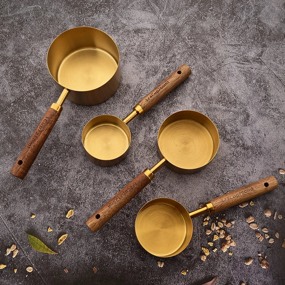 Gold Wooden Handle Measuring Cups & Spoons Set