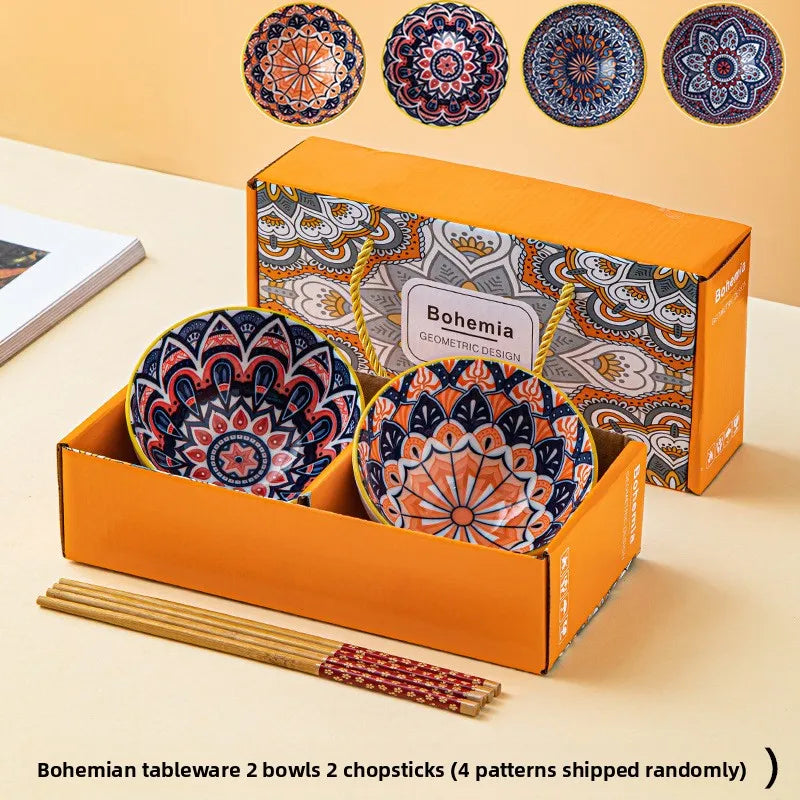 Bohemian Ceramic Tableware Household Gift Blue and White Porcelain Chopsticks Bowl Set Gift Box Packing