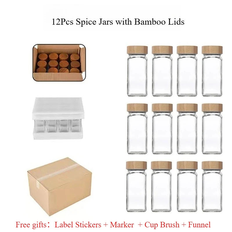 12Pcs Glass Spice Jars with Bamboo Lid Kitchen Glass Jars Spice Jar Set Seasoning Jars Organizer Storage Bottles for Spice Rack