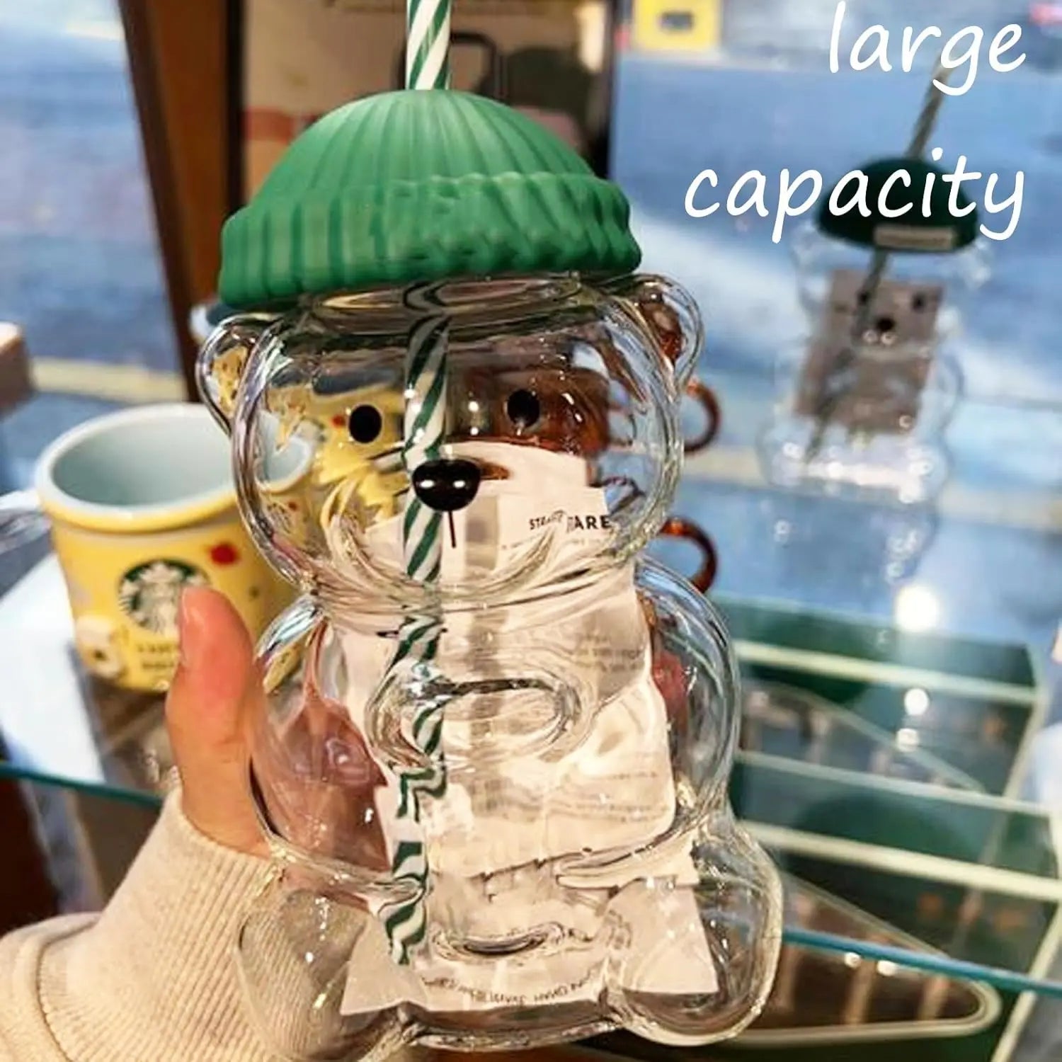 Aesthetic Mood Boost Bear  Glass Mug with Lid and Straw Leak-Proof Iced Coffee Cup Clear Drinkware for Juice Milk Summer Gift