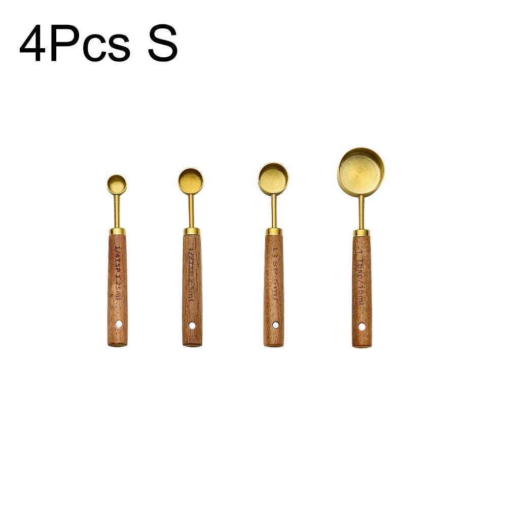 Gold Wooden Handle Measuring Cups & Spoons Set