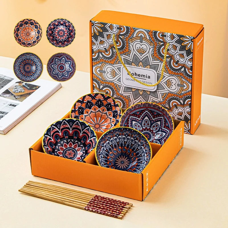 Bohemian Ceramic Tableware Household Gift Blue and White Porcelain Chopsticks Bowl Set Gift Box Packing
