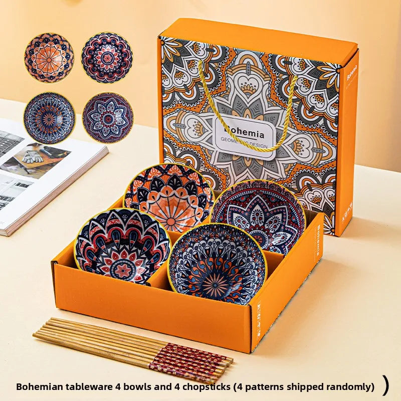 Bohemian Ceramic Tableware Household Gift Blue and White Porcelain Chopsticks Bowl Set Gift Box Packing