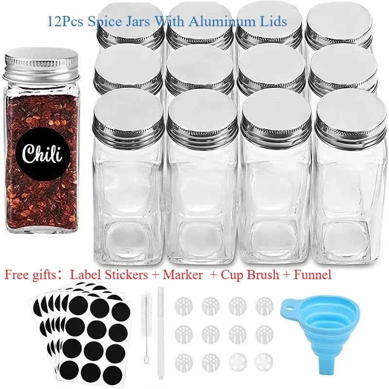 12Pcs Glass Spice Jars with Bamboo Lid Kitchen Glass Jars Spice Jar Set Seasoning Jars Organizer Storage Bottles for Spice Rack