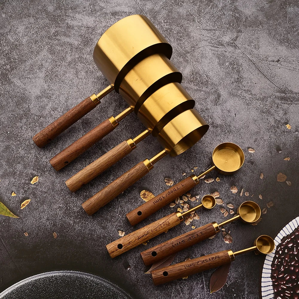 Gold Wooden Handle Measuring Cups & Spoons Set