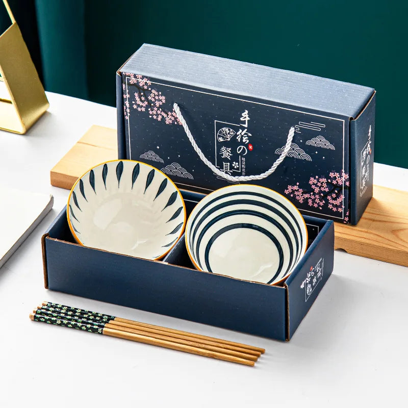 Bohemian Ceramic Tableware Household Gift Blue and White Porcelain Chopsticks Bowl Set Gift Box Packing
