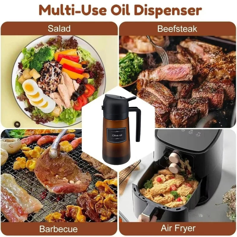 Leakproof 16oz 470ml 2-in-1 Brown Glass Olive Oil Dispenser Sprayer Eco-Friendly Oil Spray Bottle for Cooking Baking BBQ Grill