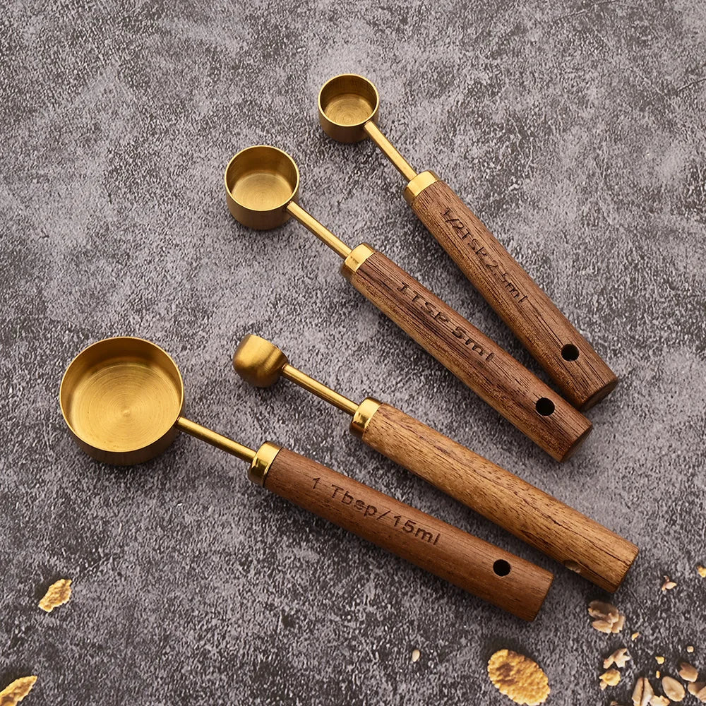 Gold Wooden Handle Measuring Cups & Spoons Set