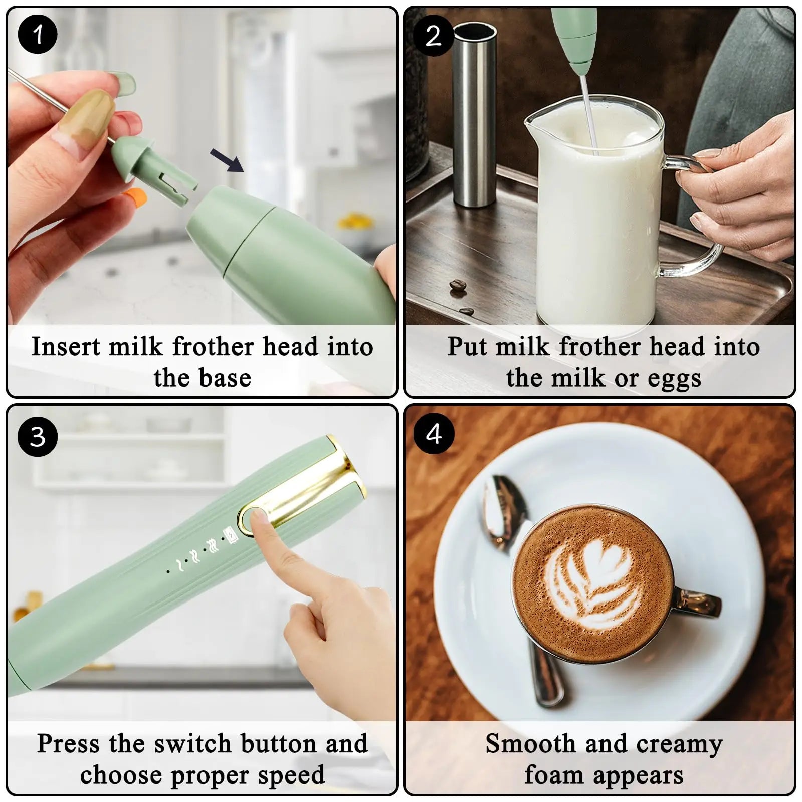 Milk Frother Handheld for Coffee, Electric Whisk 3 Speed Adjustable, Drink Mixer with Stand Bracket Rechargeable Egg Beater