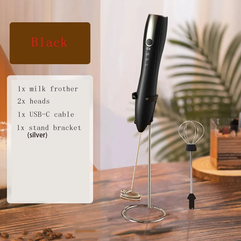 Milk Frother Handheld for Coffee, Electric Whisk 3 Speed Adjustable, Drink Mixer with Stand Bracket Rechargeable Egg Beater
