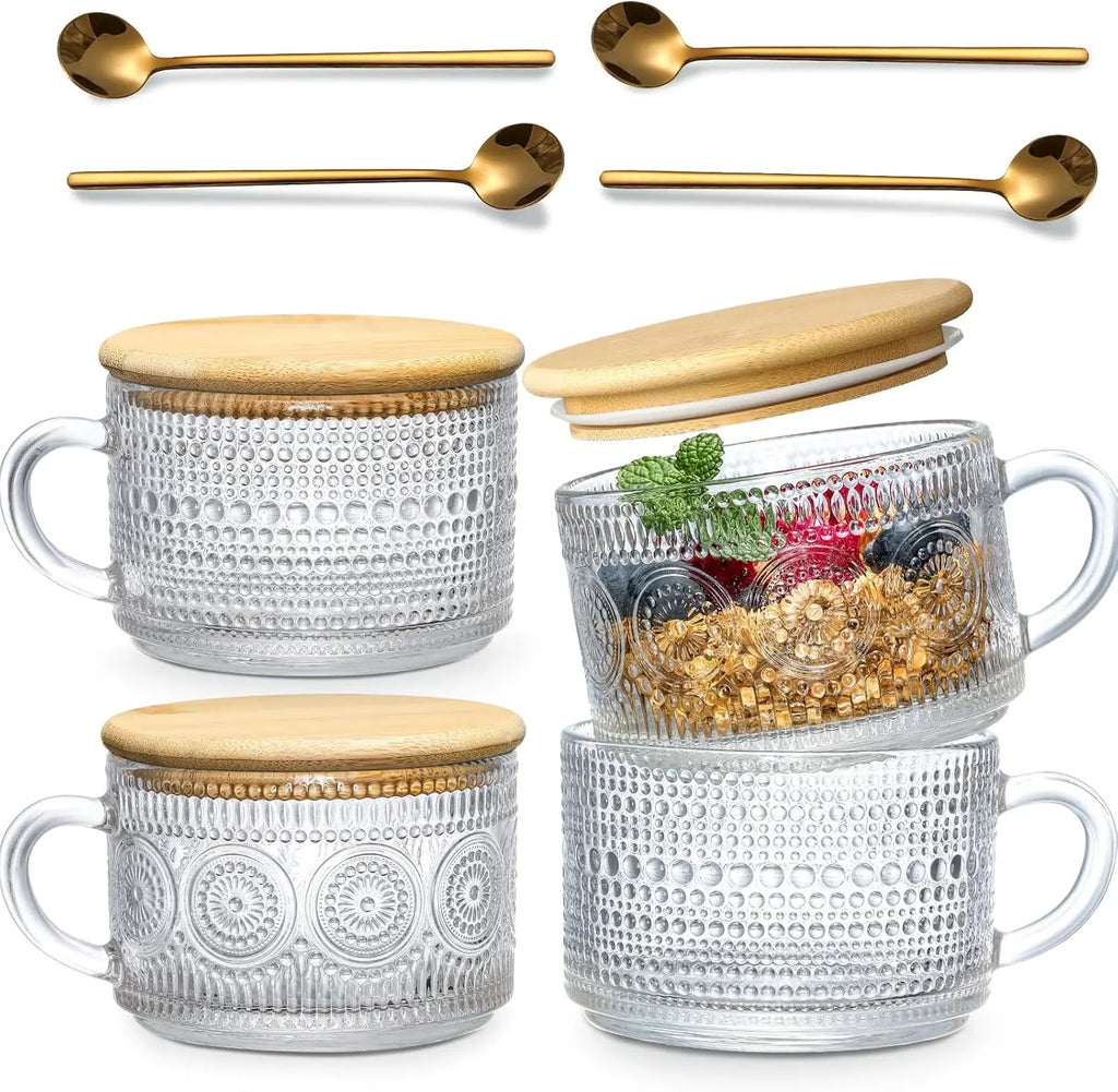4-piece set of 15.2oz/450ml glass cups and wooden lids, vintage glass coffee cups are perfect for cappuccinos, latte, cereal
