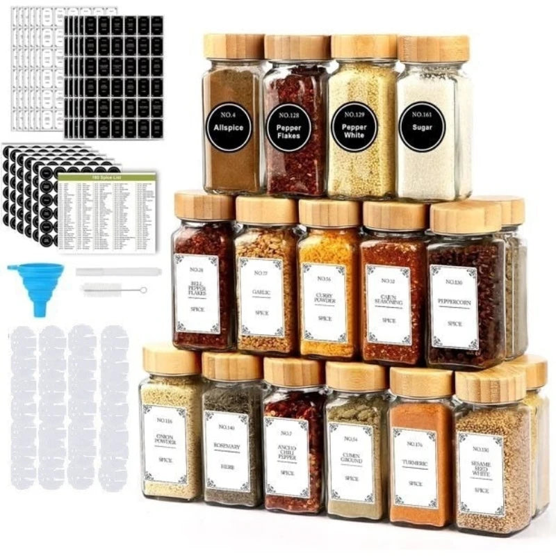 12Pcs Glass Spice Jars with Bamboo Lid Kitchen Glass Jars Spice Jar Set Seasoning Jars Organizer Storage Bottles for Spice Rack