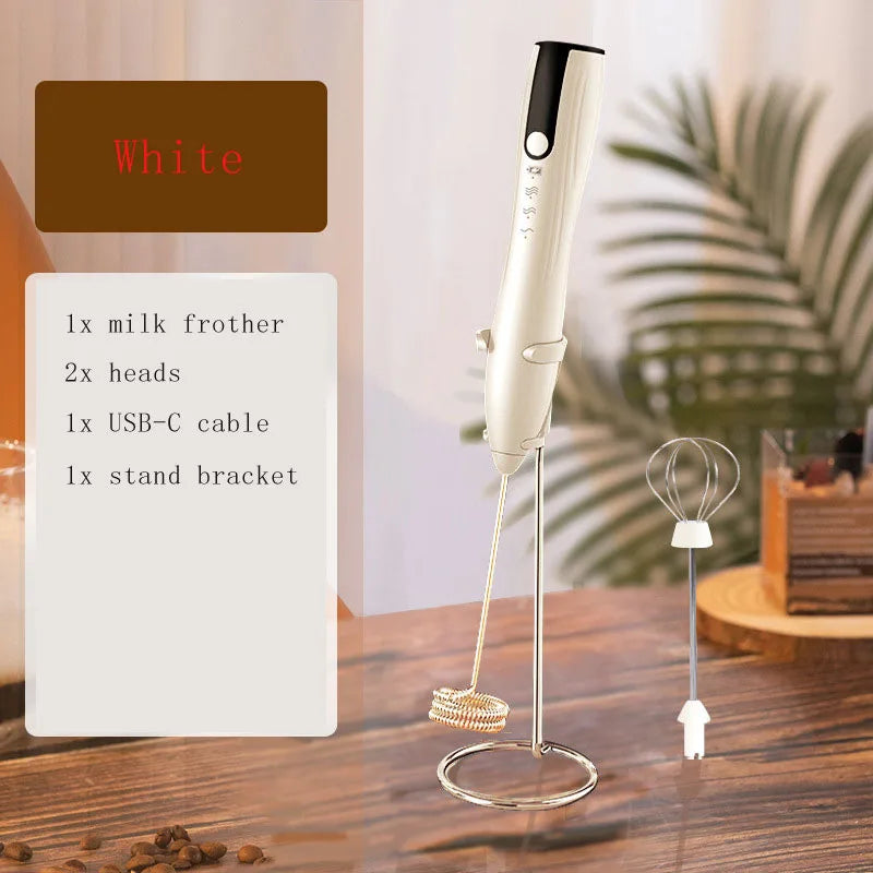 Milk Frother Handheld for Coffee, Electric Whisk 3 Speed Adjustable, Drink Mixer with Stand Bracket Rechargeable Egg Beater
