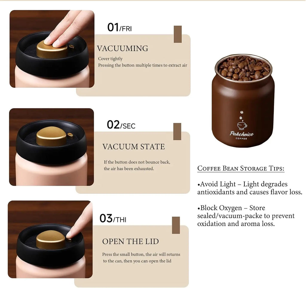 Vacuum Coffee Bean Storage Container Stainless Steel Airtight Canister Light-proof Tea Spice Food Storage Jar Kitchen Tool