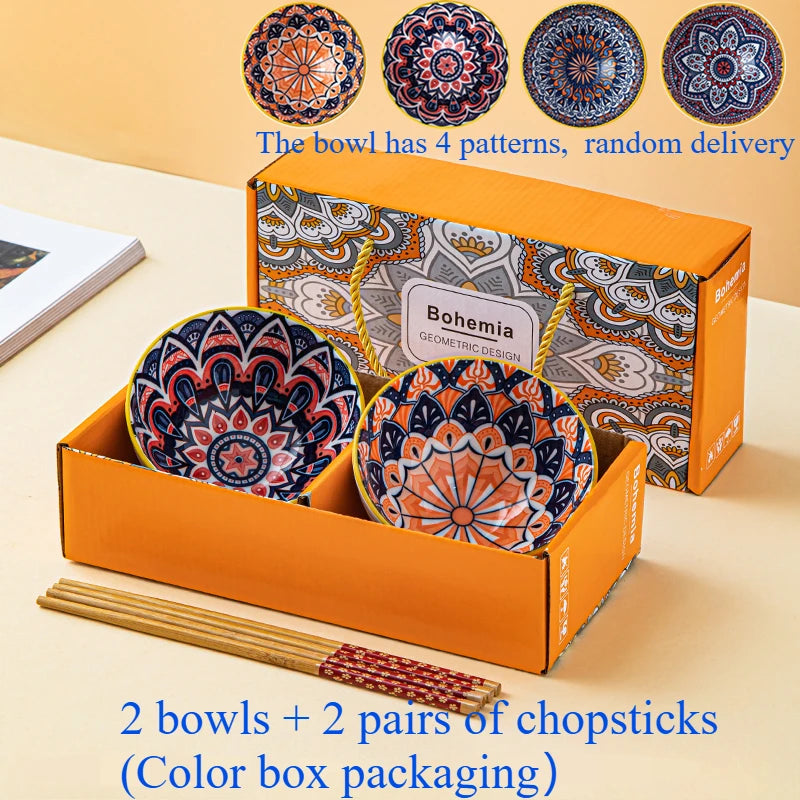 Bohemian Ceramic Tableware Household Gift Blue and White Porcelain Chopsticks Bowl Set Gift Box Packing