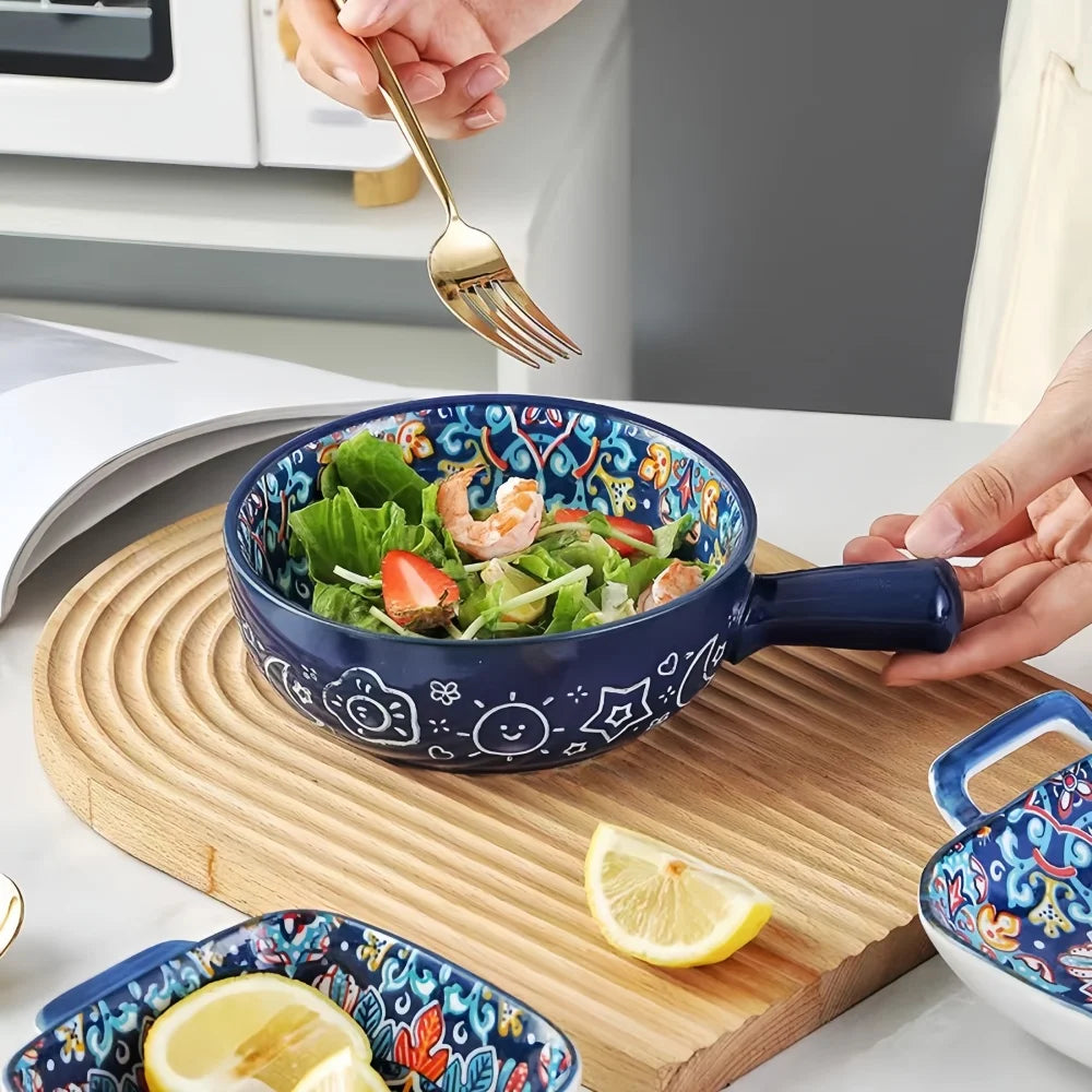 Bohemian Ceramic Hand-Painted Embossed Patterned Salad Bowl with Handle Kitchen Bakeware Microwave & Oven Safe 1 pc