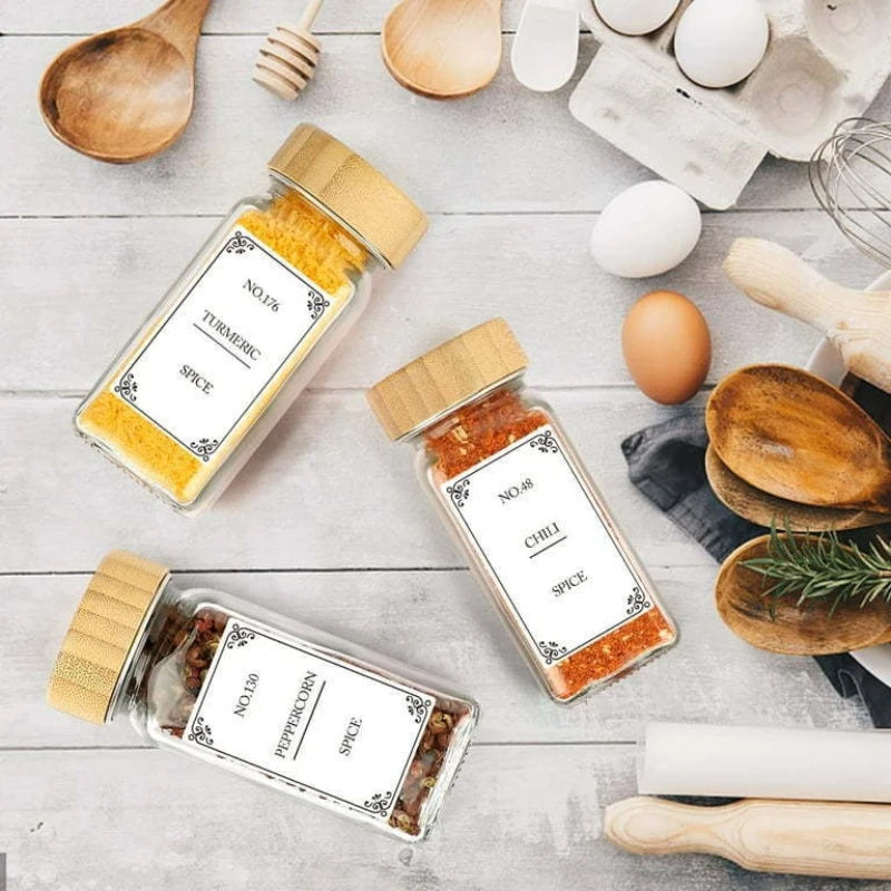 12Pcs Glass Spice Jars with Bamboo Lid Kitchen Glass Jars Spice Jar Set Seasoning Jars Organizer Storage Bottles for Spice Rack
