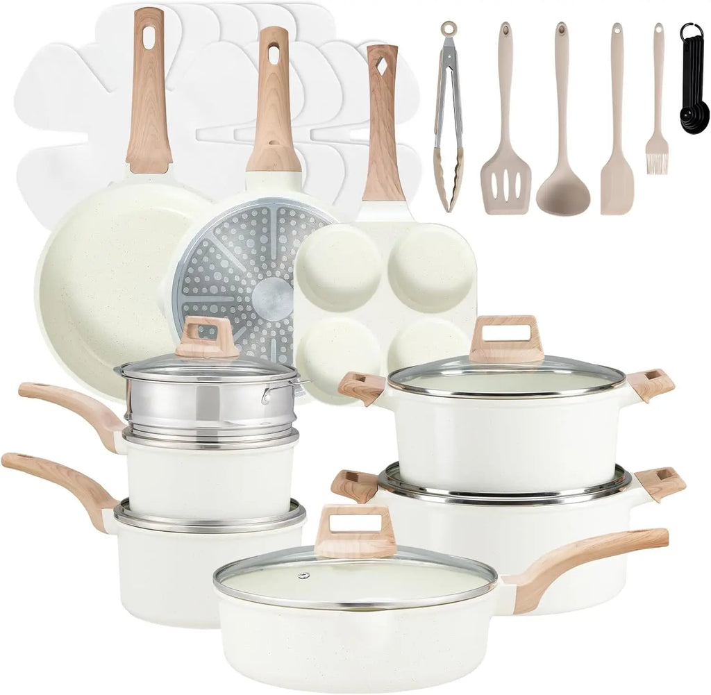 Pots and Pans Set Non Stick, 25-Piece Induction Kitchen Cookware, Stackable RV Cookware with Removable Handle, White