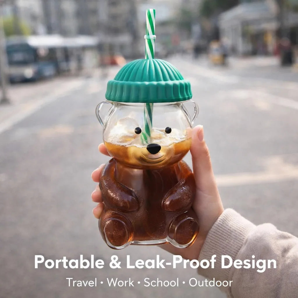 Aesthetic Mood Boost Bear  Glass Mug with Lid and Straw Leak-Proof Iced Coffee Cup Clear Drinkware for Juice Milk Summer Gift
