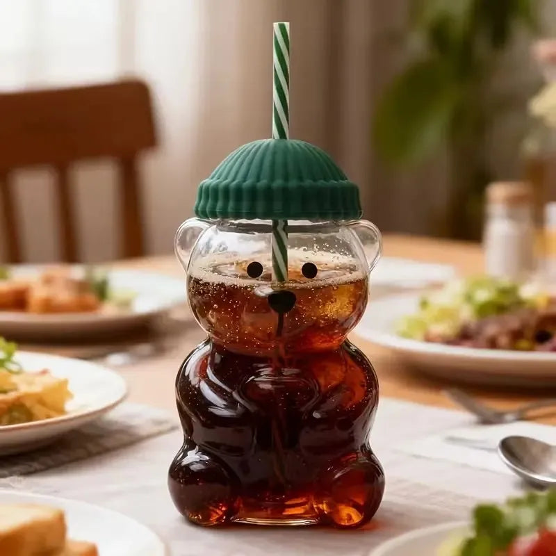 Aesthetic Mood Boost Bear  Glass Mug with Lid and Straw Leak-Proof Iced Coffee Cup Clear Drinkware for Juice Milk Summer Gift