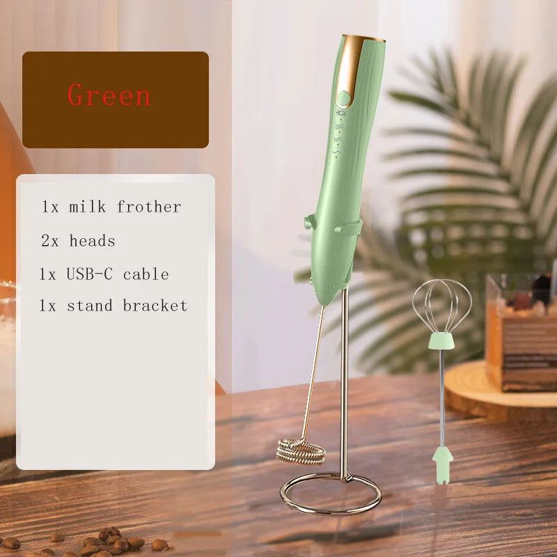 Milk Frother Handheld for Coffee, Electric Whisk 3 Speed Adjustable, Drink Mixer with Stand Bracket Rechargeable Egg Beater