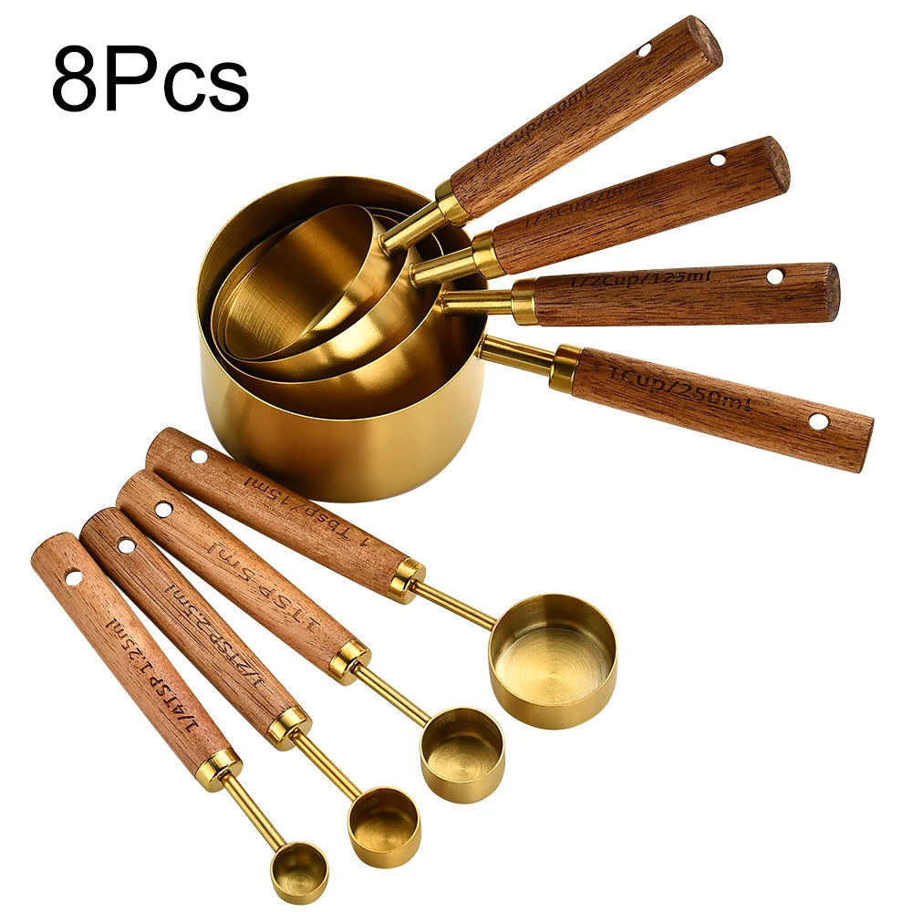 Gold Wooden Handle Measuring Cups & Spoons Set