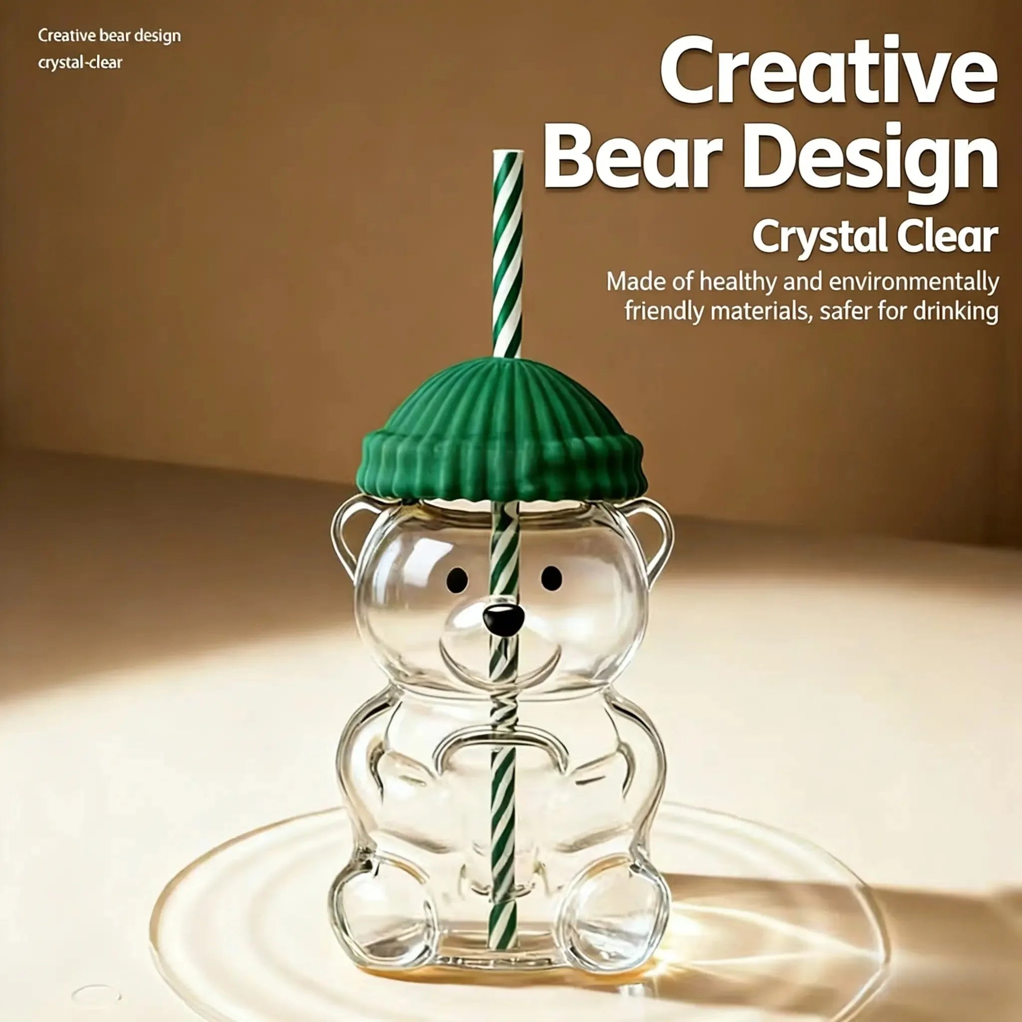 Aesthetic Mood Boost Bear  Glass Mug with Lid and Straw Leak-Proof Iced Coffee Cup Clear Drinkware for Juice Milk Summer Gift