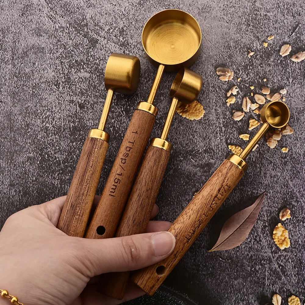 Gold Wooden Handle Measuring Cups & Spoons Set