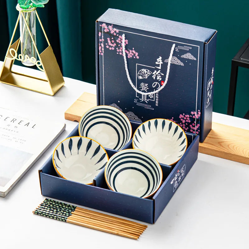 Bohemian Ceramic Tableware Household Gift Blue and White Porcelain Chopsticks Bowl Set Gift Box Packing