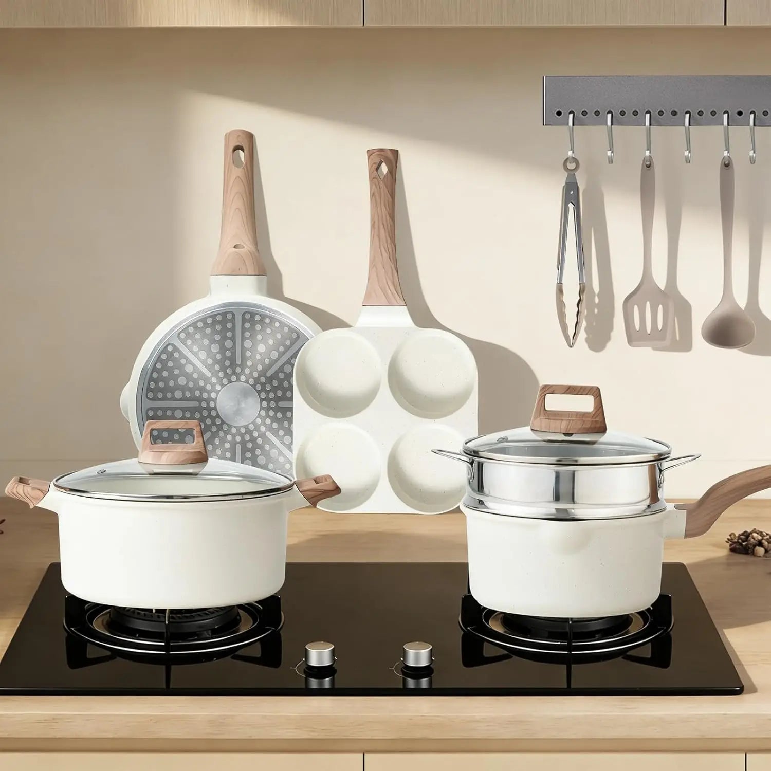 Pots and Pans Set Non Stick, 25-Piece Induction Kitchen Cookware, Stackable RV Cookware with Removable Handle, White